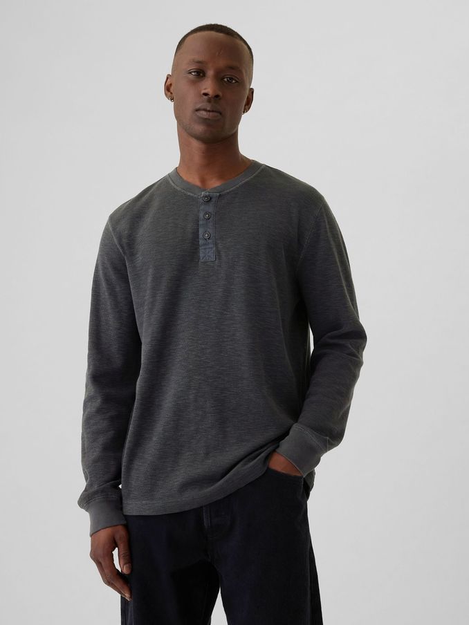 Black Waffle 100% Cotton Henley T-Shirt (E88962) | £14