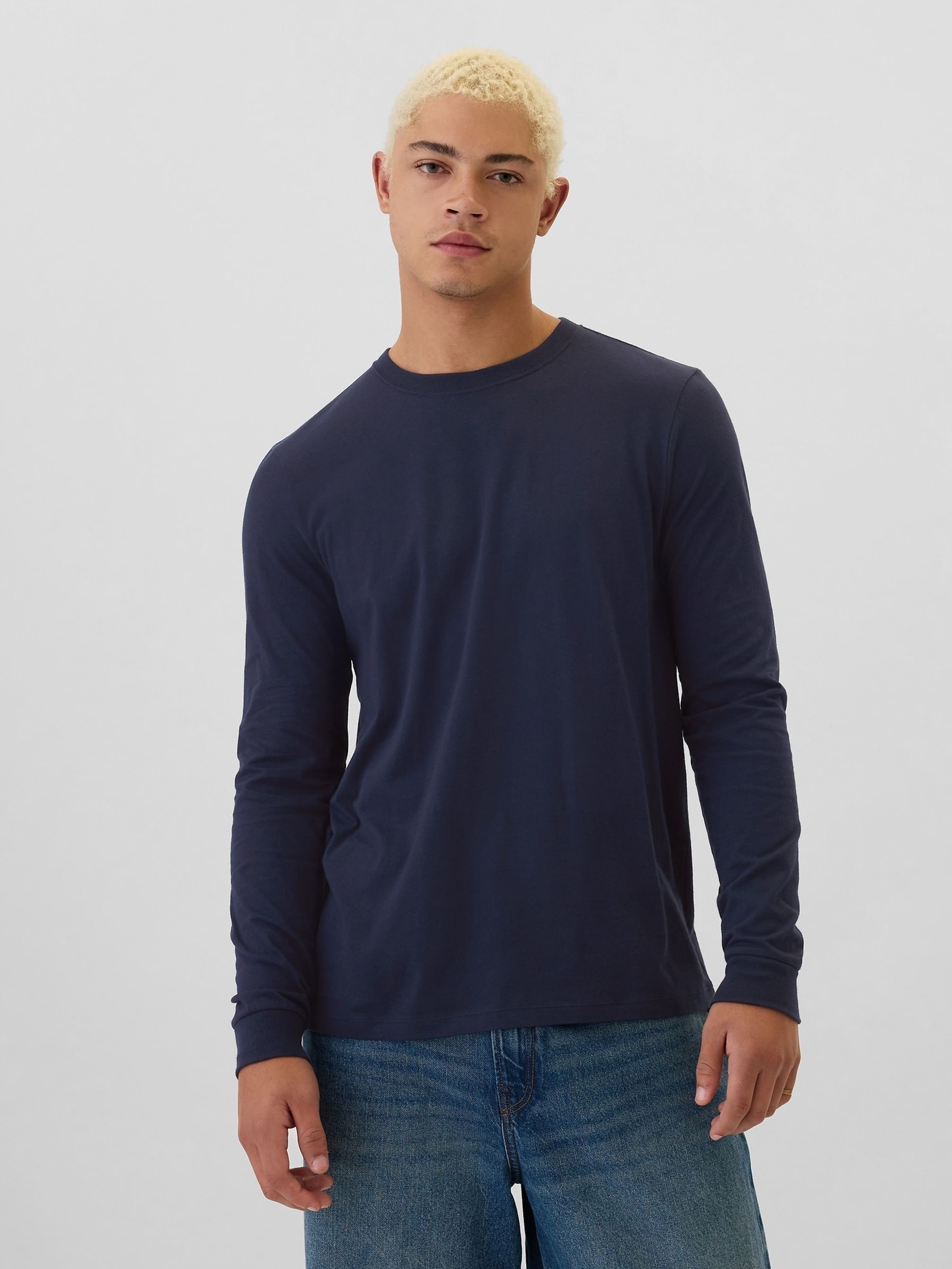 Navy Blue Long Sleeve Everyday 100% Cotton Crew Neck T-Shirt (E88993) | £16