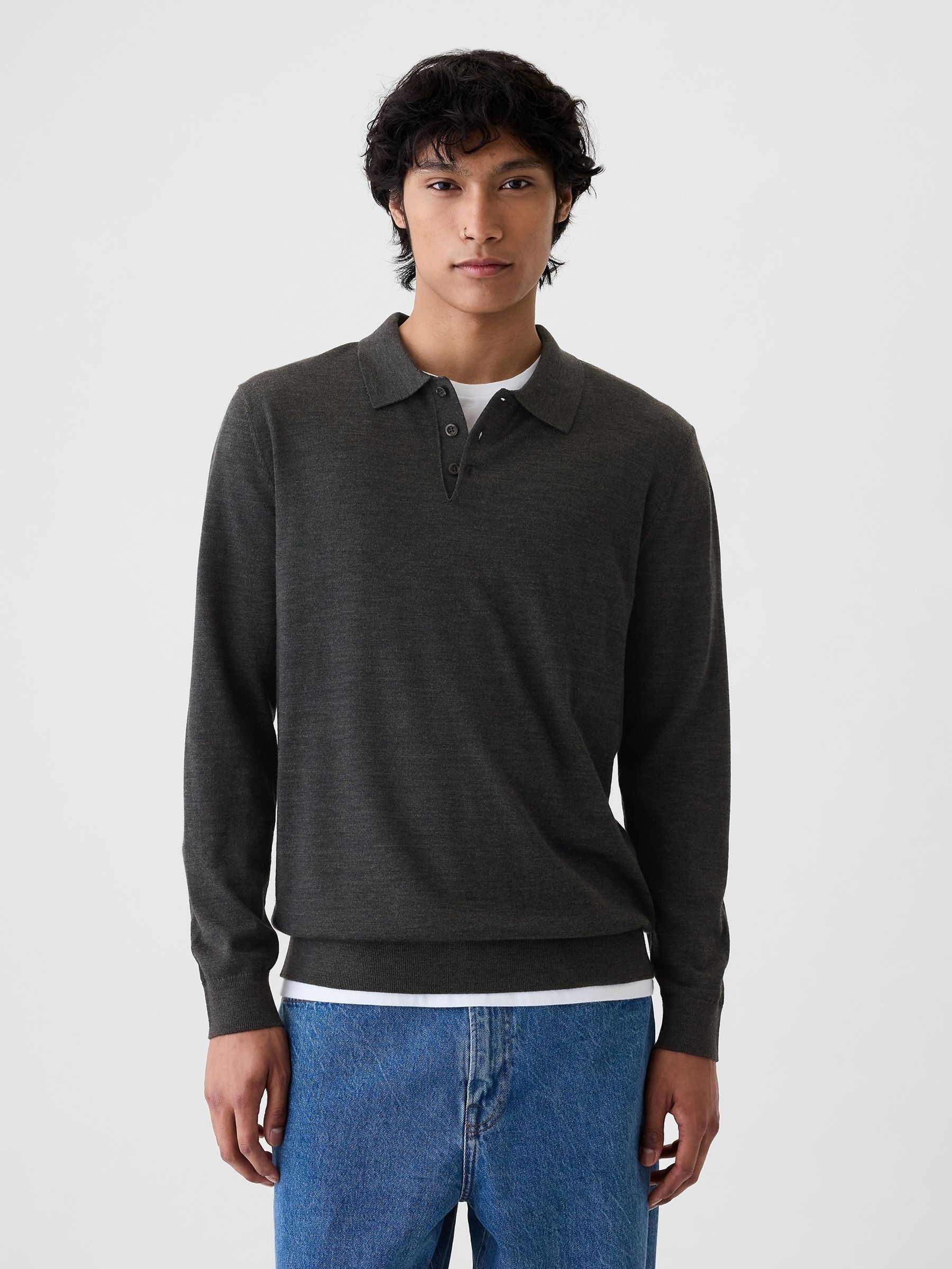 Grey Merino Wool Polo Jumper (E88998) | £55