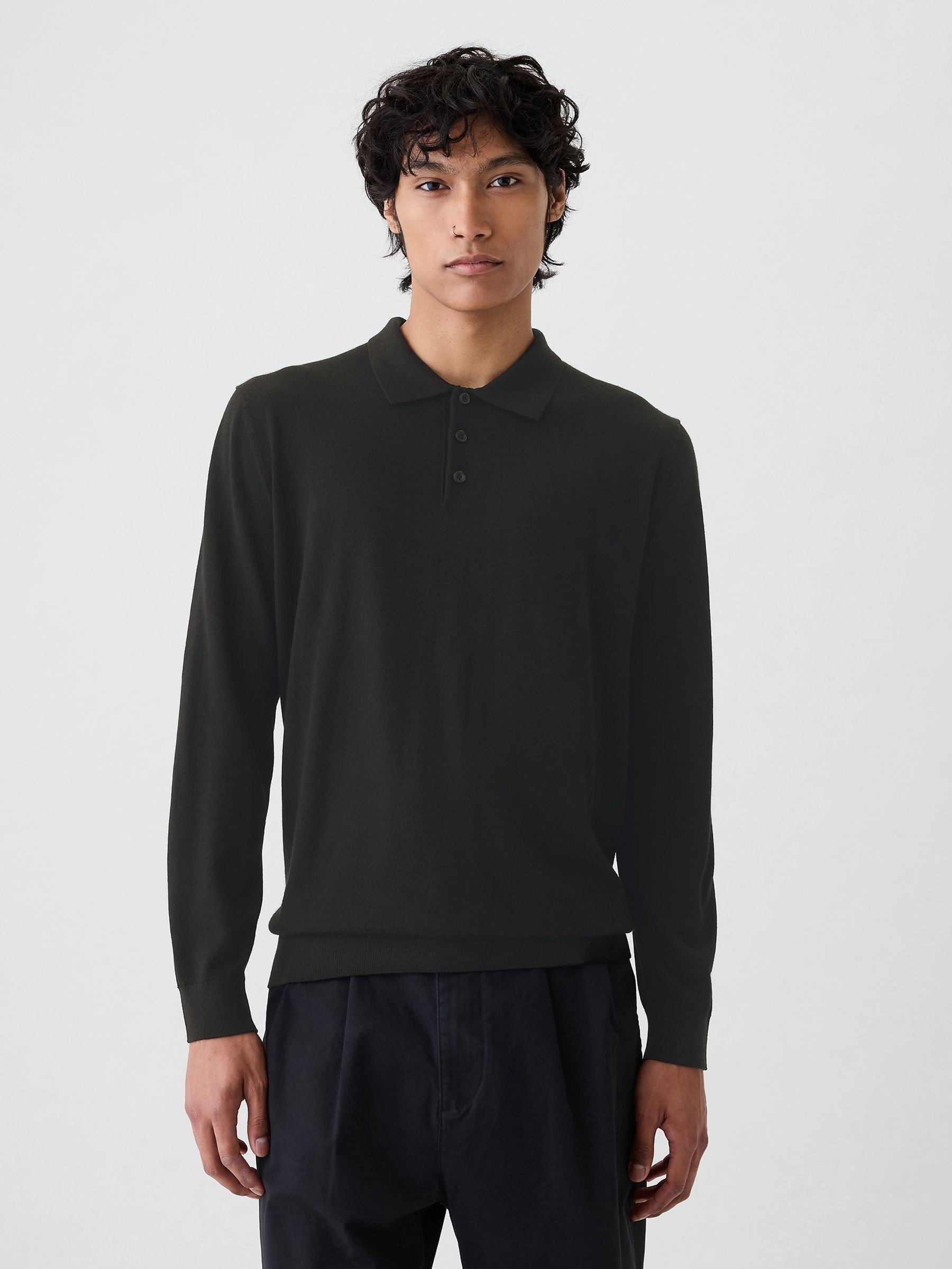 Black Merino Wool Polo Jumper (E88999) | £55