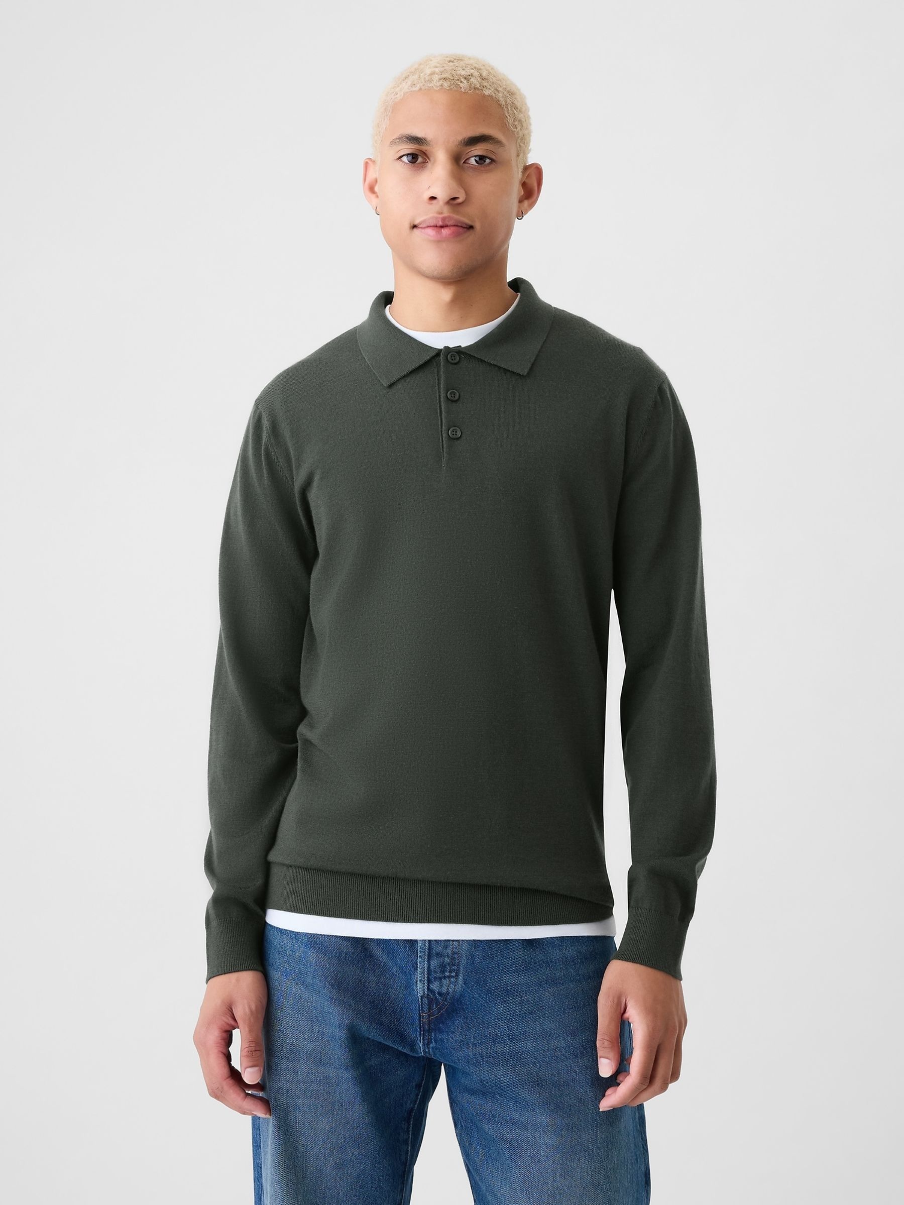 Green Merino Wool Polo Jumper (E89000) | £55