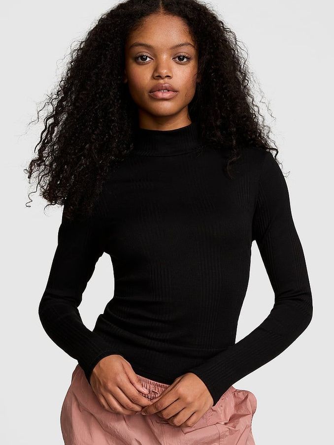 Black Ribbed Mock Neck Long Sleeve T-Shirt (E89928) | £35