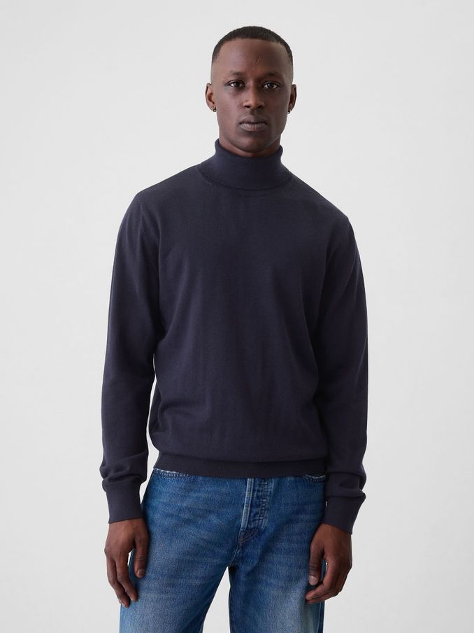 Navy Blue Merino Turtle Neck Jumper (E90152) | £50
