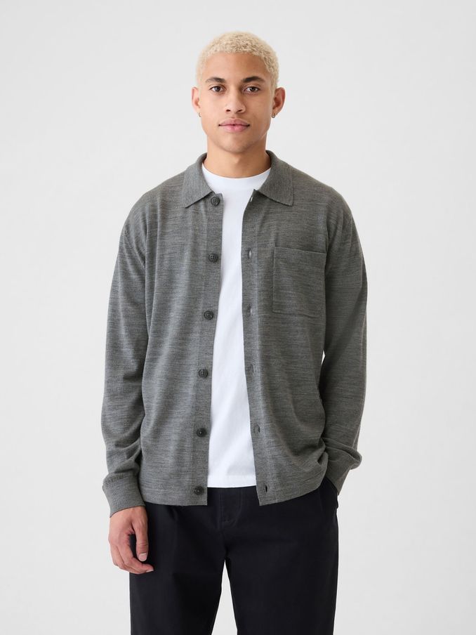 Grey Merino Wool Long Sleeve Button Shirt (E90172) | £60