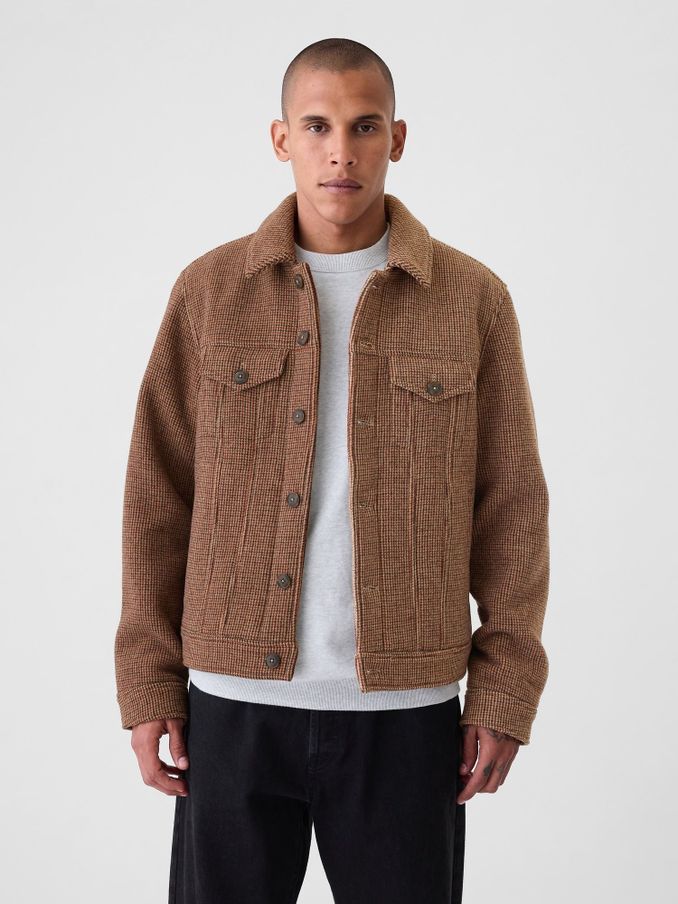 Brown Wool Houndstooth Trucker Jacket (E90189) | £72