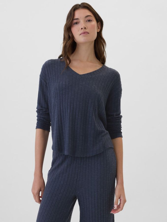 Navy Blue Relaxed Ribbed V-Neck Pyjama Top (E90579) | £12
