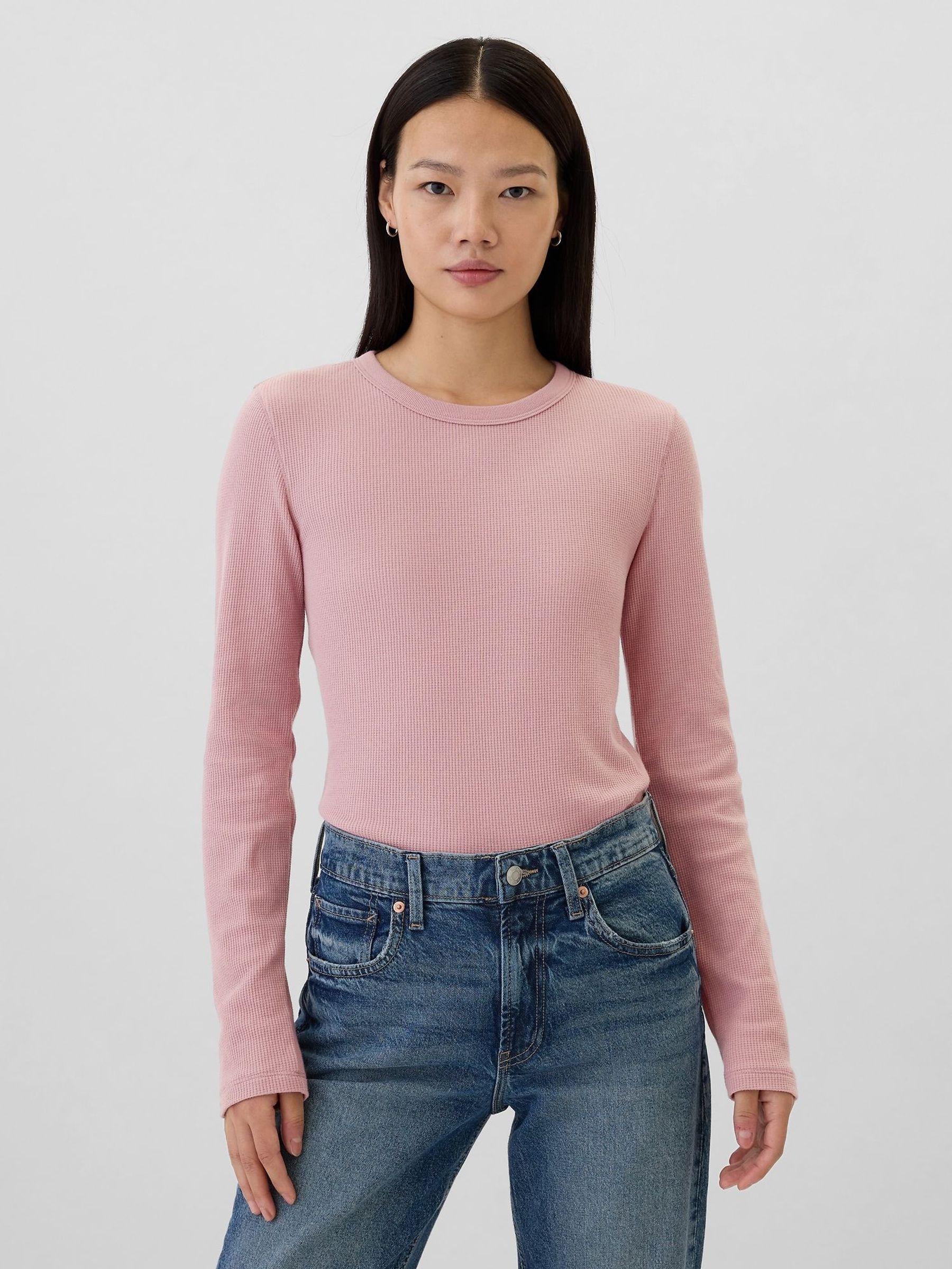 Pink Long Sleeve Crew Neck Waffle Knit T-Shirt (E90587) | £8