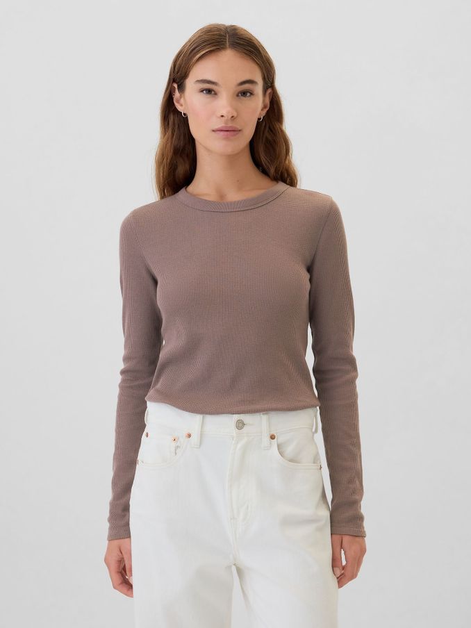 Brown Long Sleeve Crew Neck Waffle Knit T-Shirt (E90588) | £8