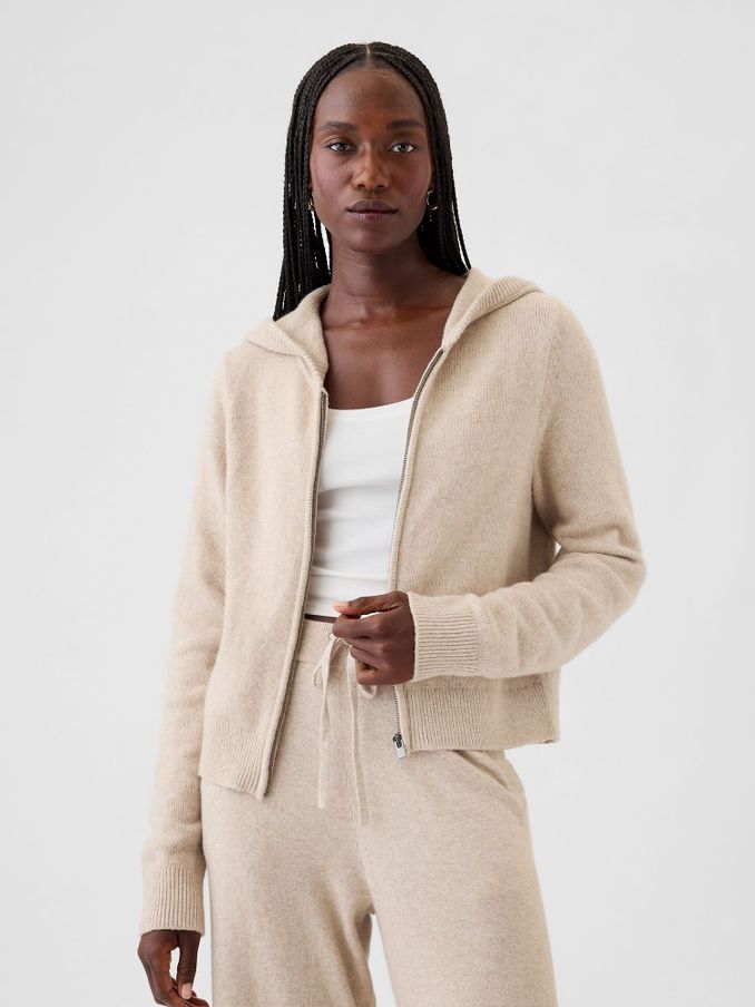 Beige CashSoft Zip Through Knitted Hoodie (E90595) | £36