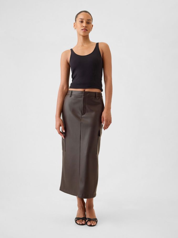Brown Faux Leather Cargo Midi Skirt (E91344) | £30