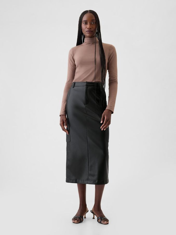 Black Faux Leather Cargo Midi Skirt (E91345) | £30