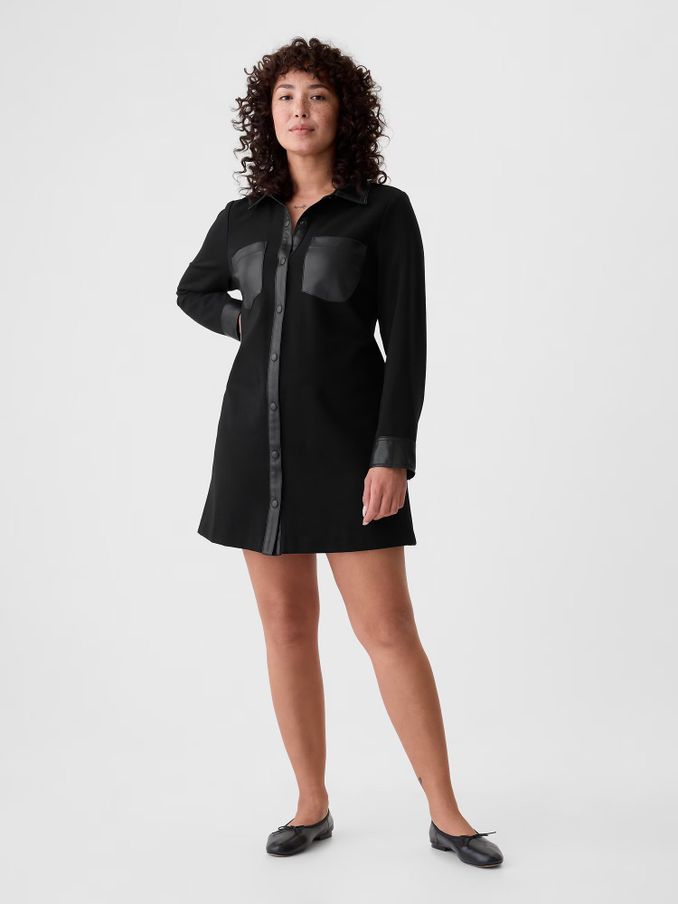 Black Faux Leather Details Mini Shirt Dress (E91347) | £36