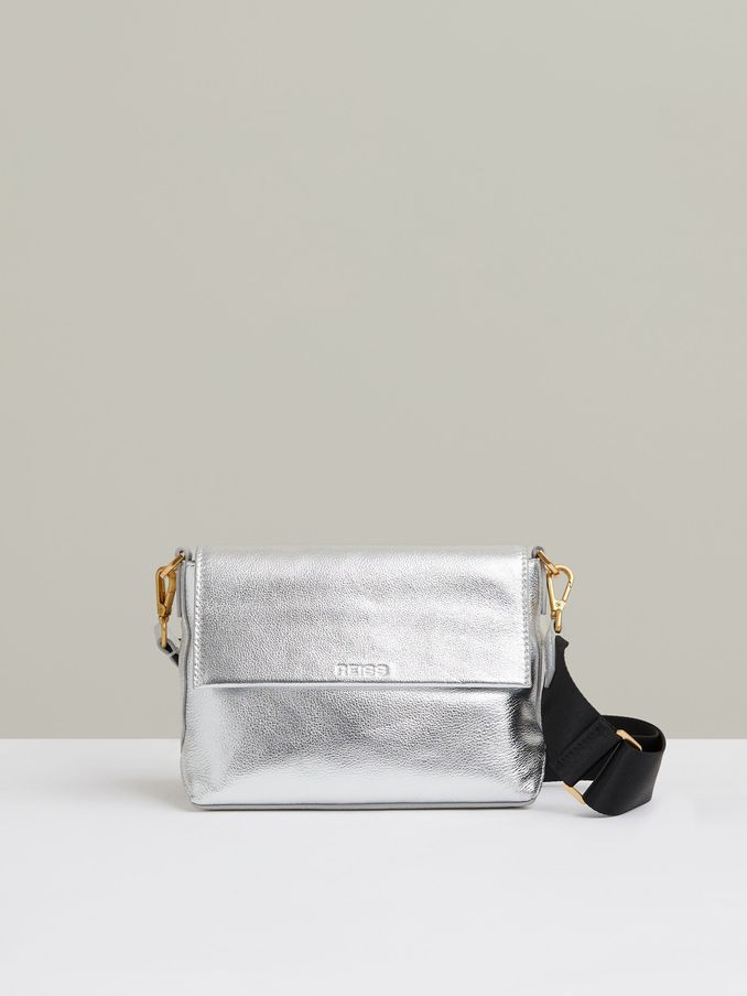 Leather Flap Crossbody Bag in Silver (E92580) | £44