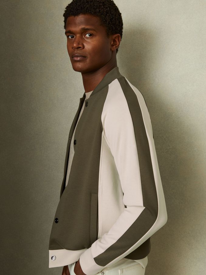 Colourblock Jersey Varsity Jacket in Sage Green/Off White (E93680) | £51