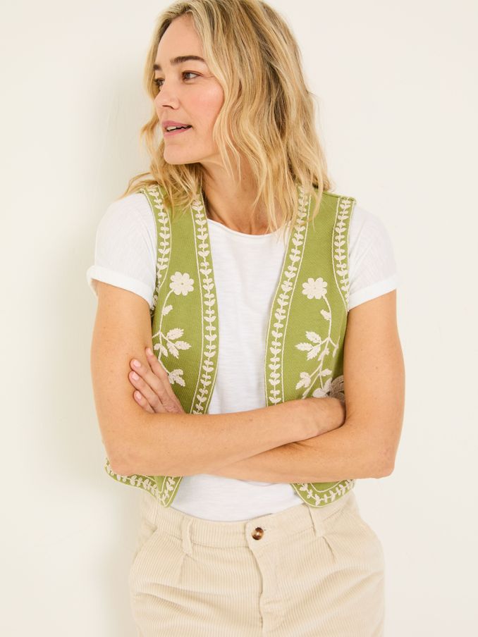 Olive Green 100% Cotton Embroidered Jersey Waistcoat (E95679) | £25