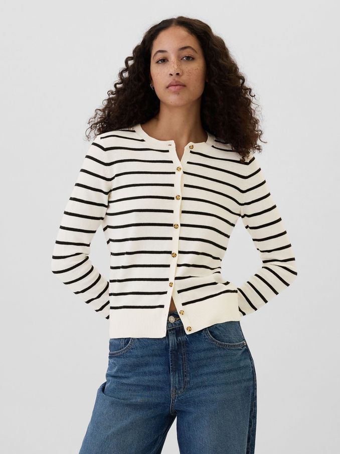 White Stripe Long Sleeve Crew Neck Cardigan (E95842) | £15