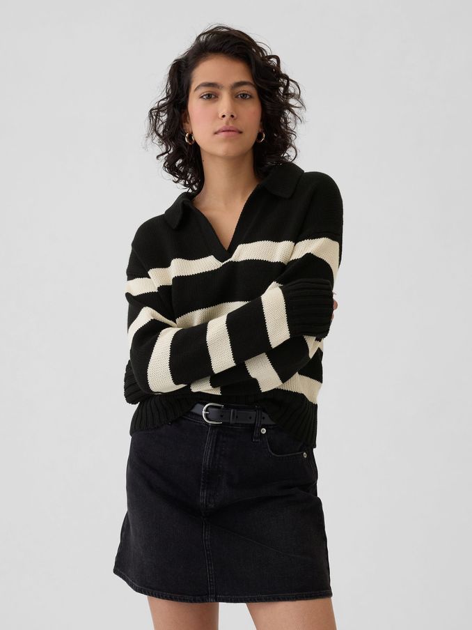 Black Stripe Soft Cotton Shrunken V-Neck Polo Jumper (E95850) | £21