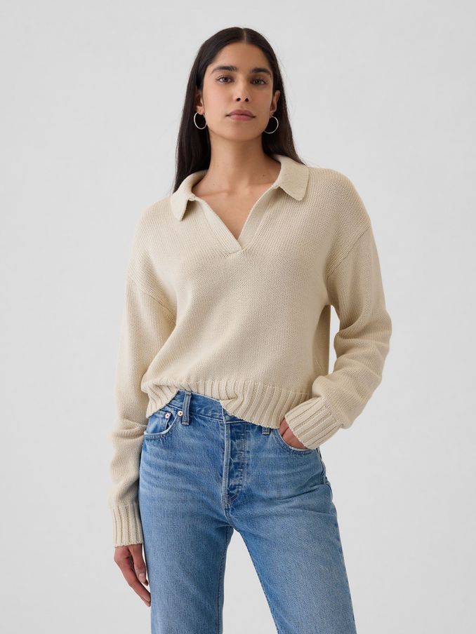 Beige Soft Cotton Shrunken V-Neck Polo Jumper (E95851) | £21