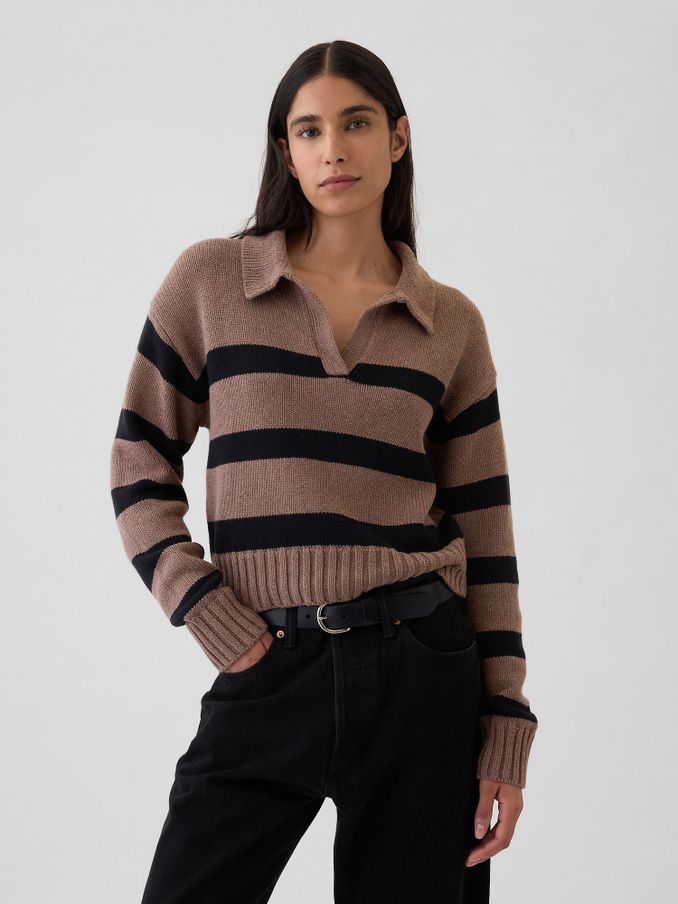 Brown Stripe Soft Cotton Shrunken V-Neck Polo Jumper (E95852) | £21