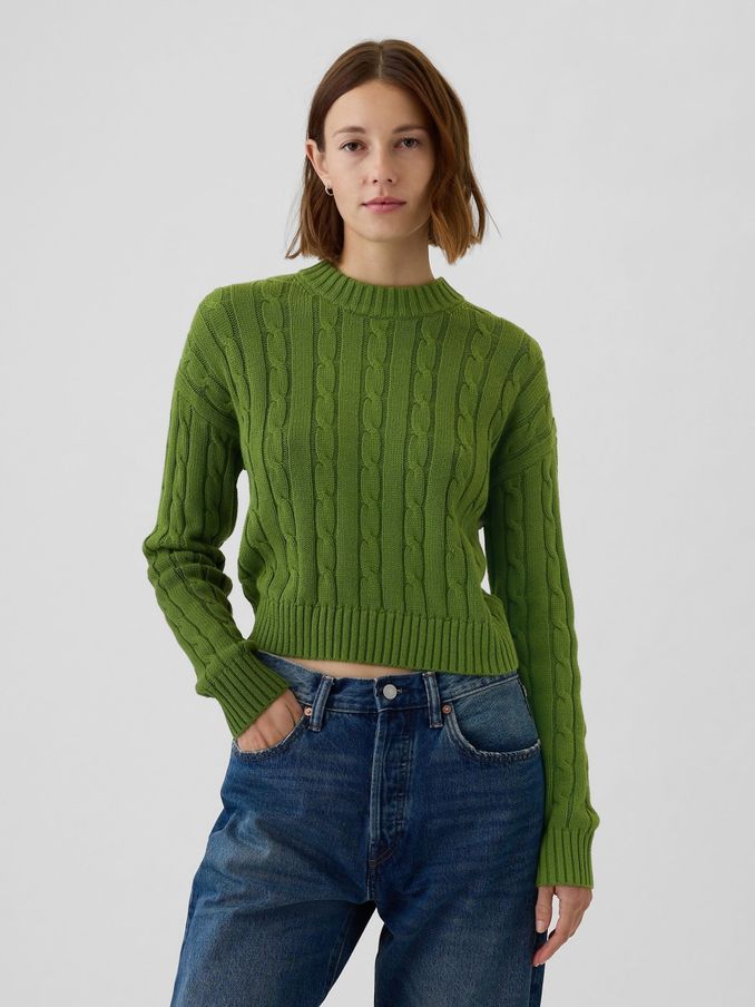 Green 100% Cotton Cable Knit Crew Neck Cropped Jumper (E95853) | £24