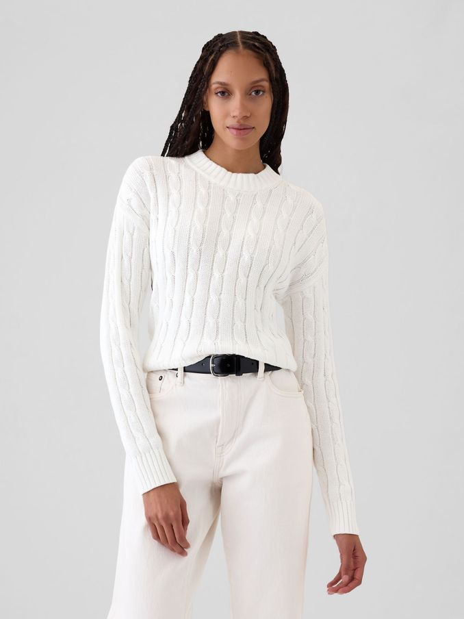 White 100% Cotton Cable Knit Crew Neck Cropped Jumper (E95854) | £24