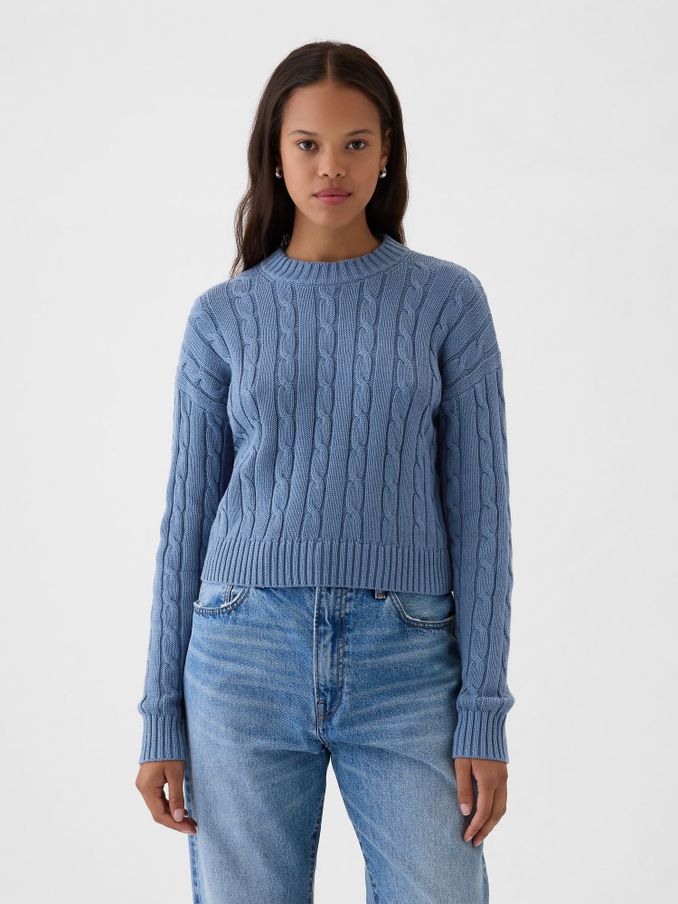 Blue 100% Cotton Cable Knit Crew Neck Cropped Jumper (E95856) | £24