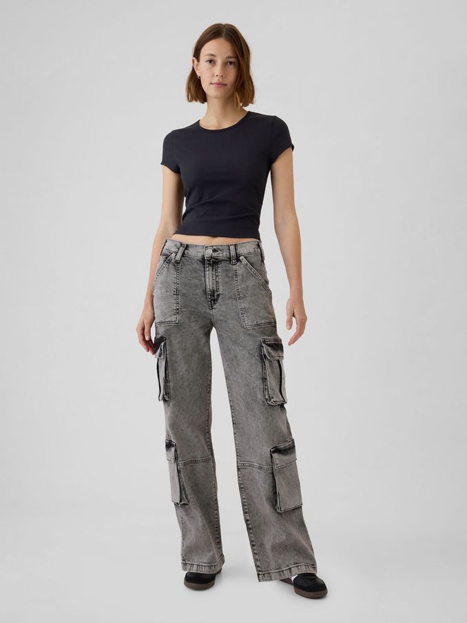Black Mid Rise Double Pocket 90s Loose Cargo Jeans (E95857) | £60