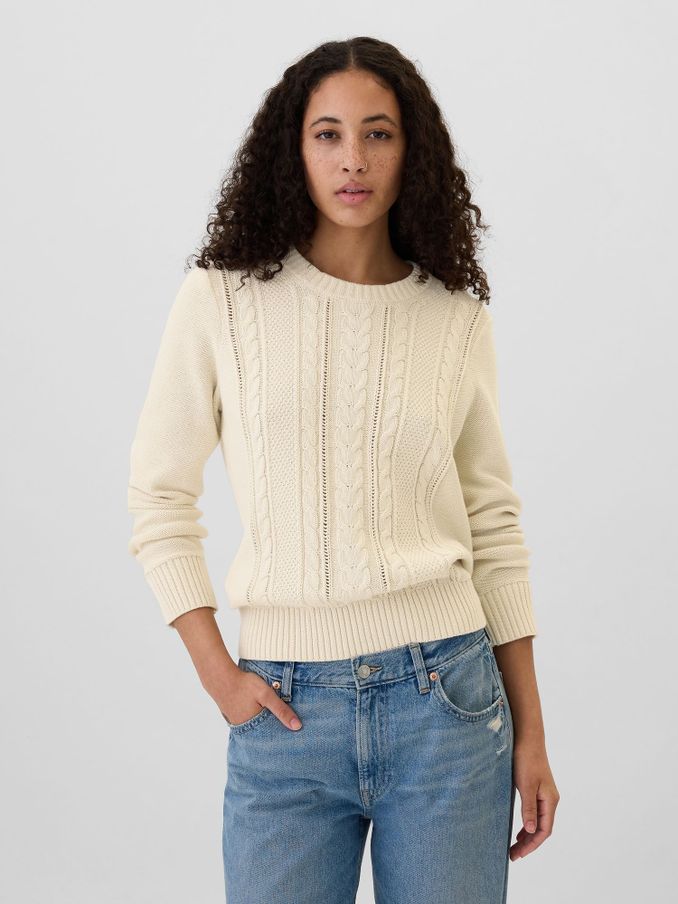 Cream 100% Cotton Cable Knit Crew Neck Jumper (E95865) | £18