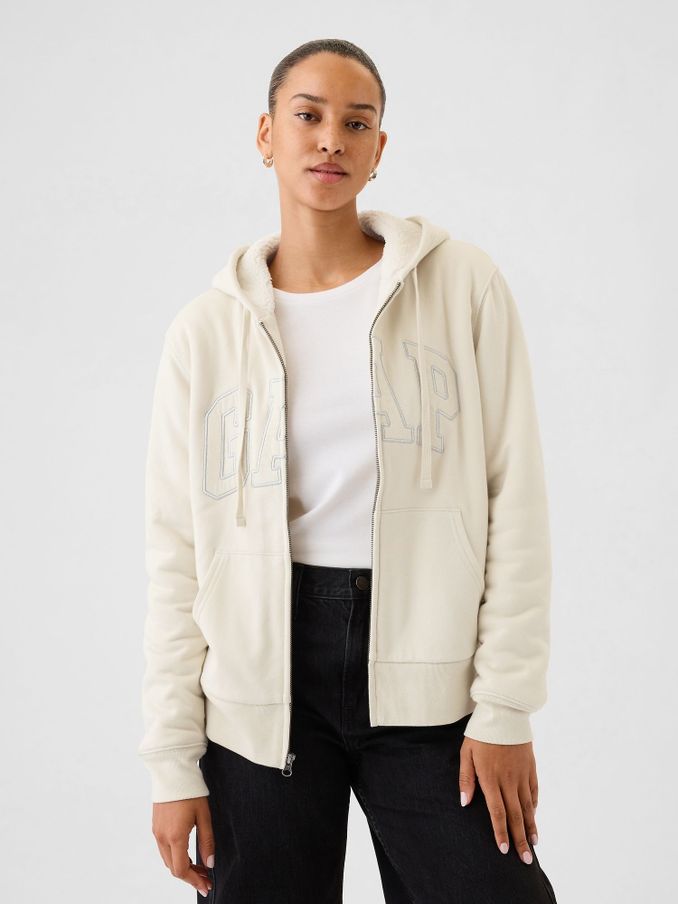 Beige Relaxed Logo Sherpa-Lined Zip Hoodie (E95874) | £27