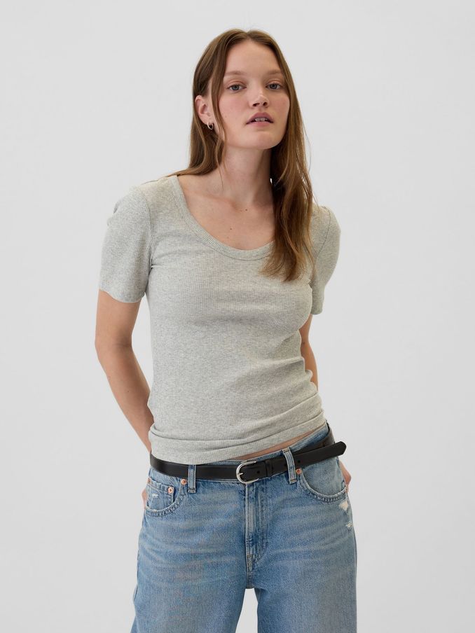 Grey Ribbed Scoop Neck Short Sleeve T-Shirt (E95909) | £6