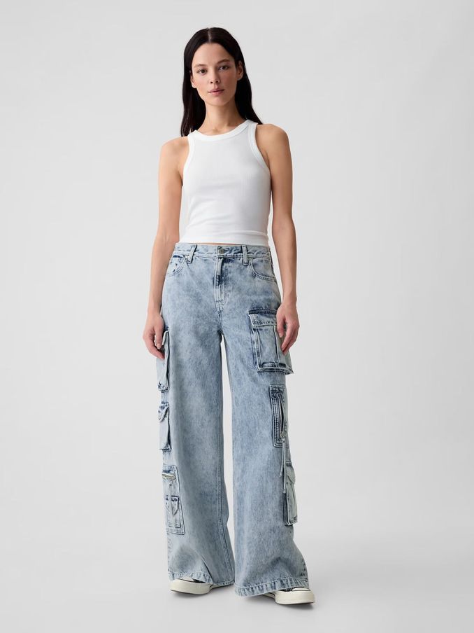 Blue Mid Rise Cargo Baggy Jeans (E95910) | £70