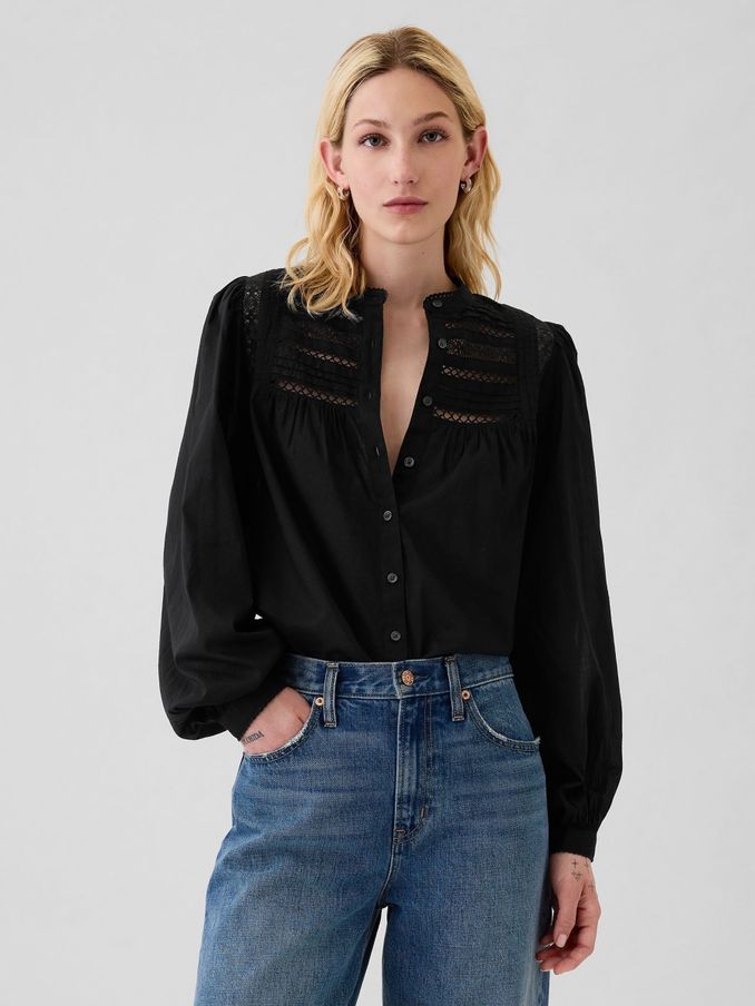 Black Lace-Trim Long Sleeve Blouse (E95919) | £27