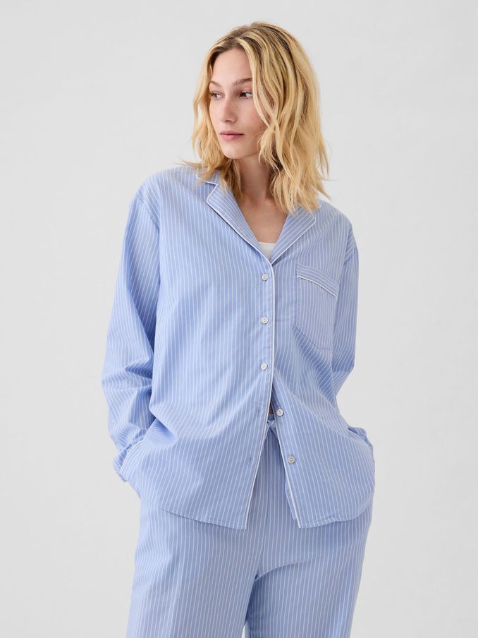 Blue Stripe 100% Cotton Poplin Pyjama Top (E95933) | £30