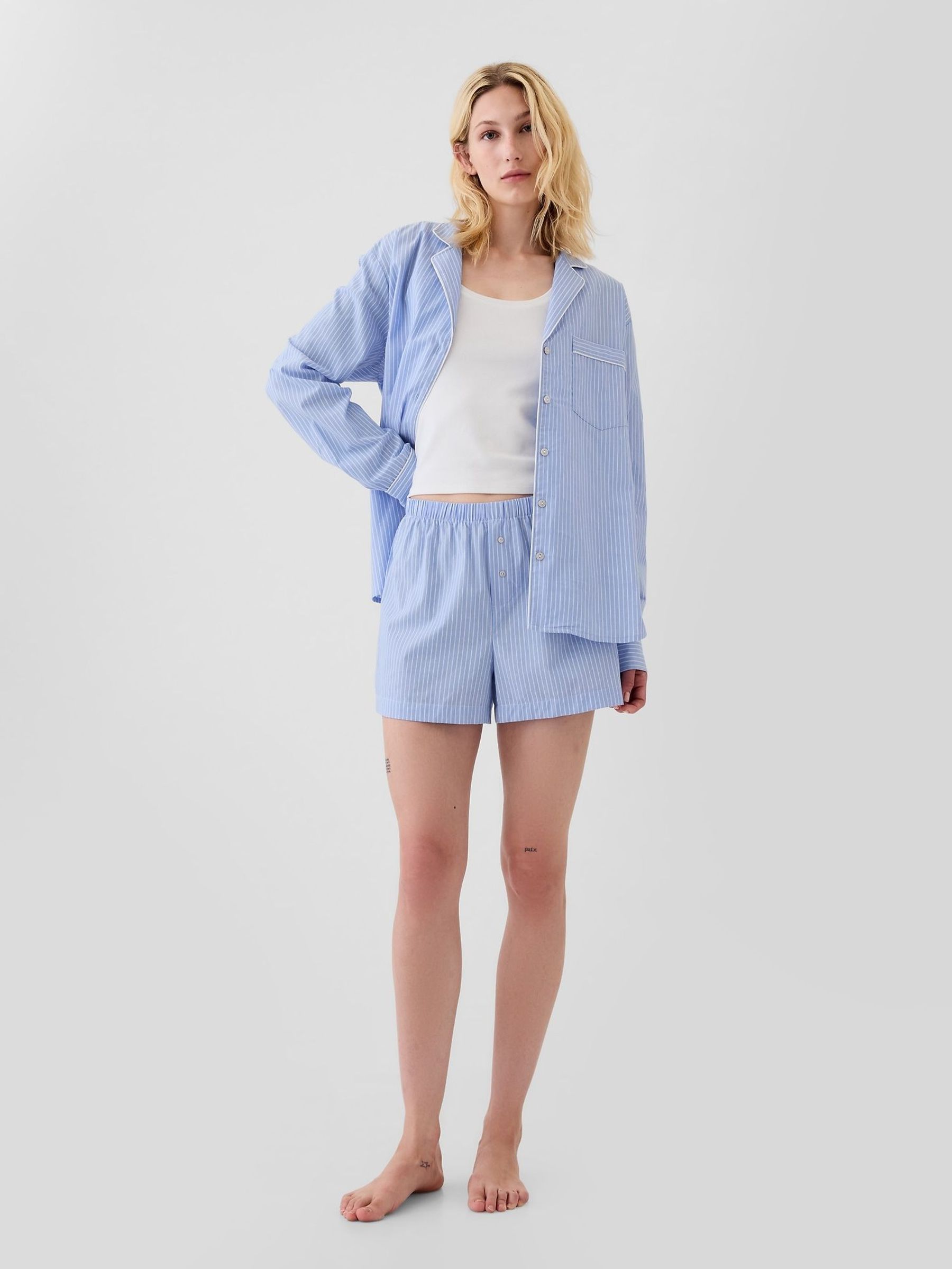 Blue Stripe Short Poplin Short Pyjama Bottoms (E96608) | £25