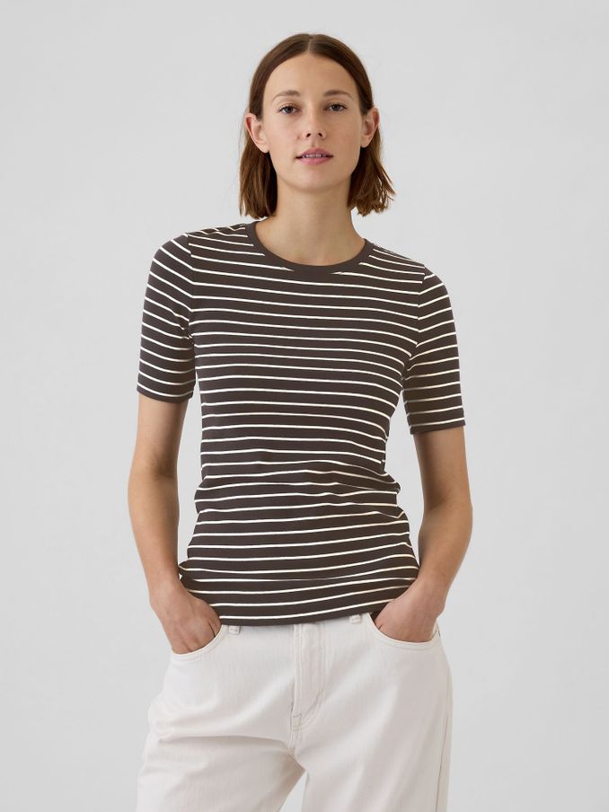 Brown Stripe Short Sleeve Modern Cotton-Modal Crew Neck T-Shirt (E96610) | £8