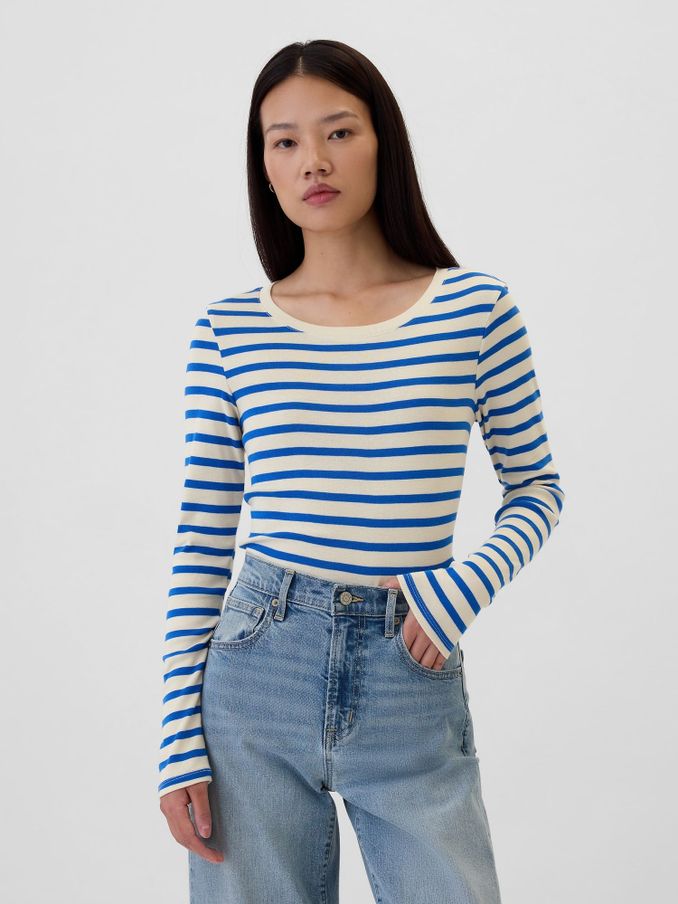 White Stripe Favourite Cotton-Modal Crew Neck Long Sleeve T-Shirt (E96623) | £9