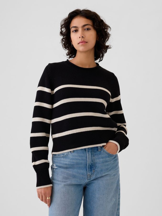 Black Stripe Soft Cotton Shrunken Roll Neck Jumper (E96637) | £21