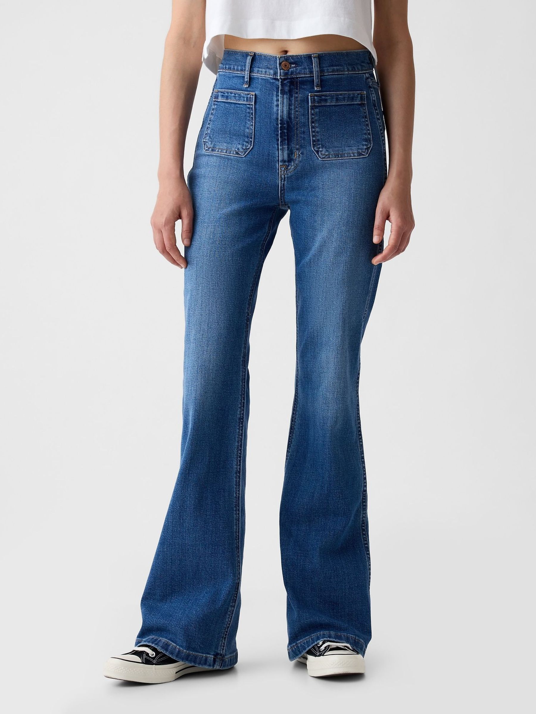 Blue High Waisted Double Pocket 70s Flare Jeans (E96640) | £60