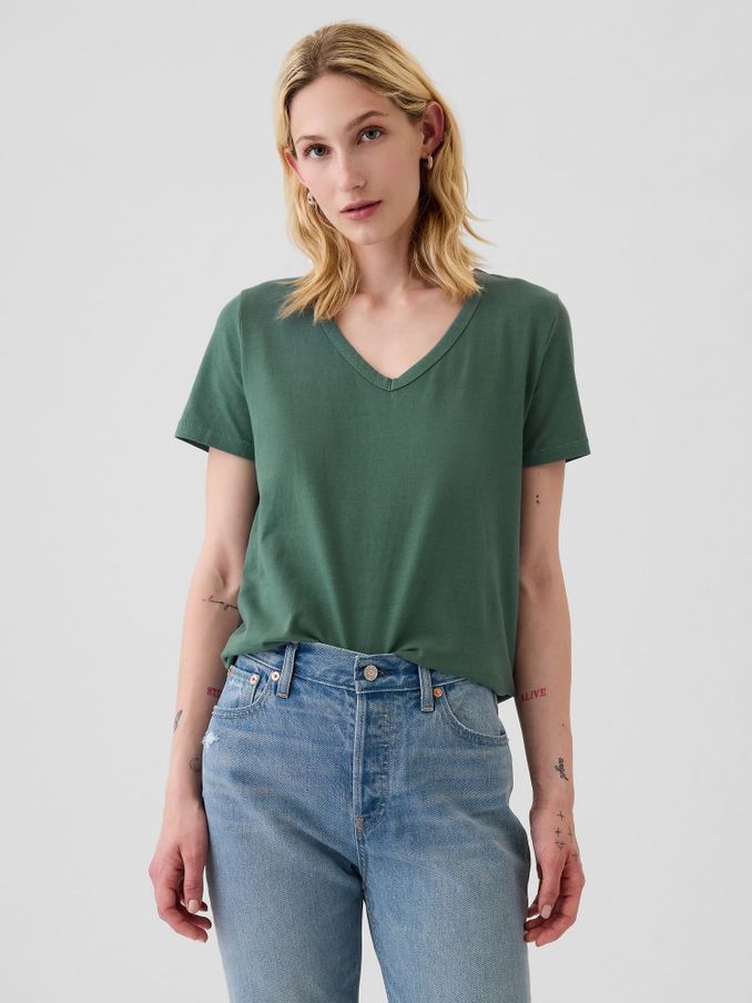 Green V-Neck Vintage 100% Organic Cotton Short Sleeve T-Shirt (E96641) | £10