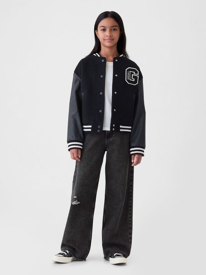Black High Waisted Wide Leg Distressed Jeans (5-13yrs) (E97206) | £21