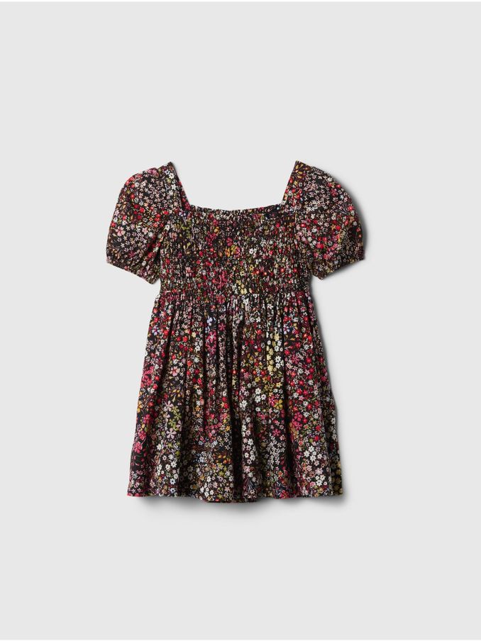 Black Floral Smocked Puff Sleeve Dress (6mths-5yrs) (E97285) | £12