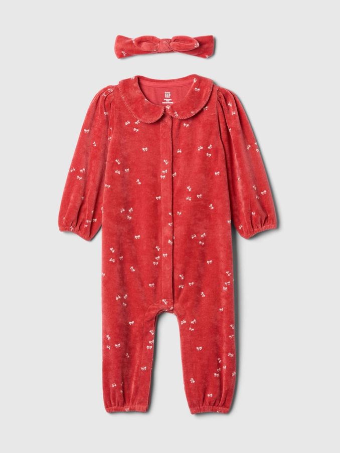 Red Bow Velour Footless Sleepsuit with Headband (Newborn-24mths) (F00355) | £25