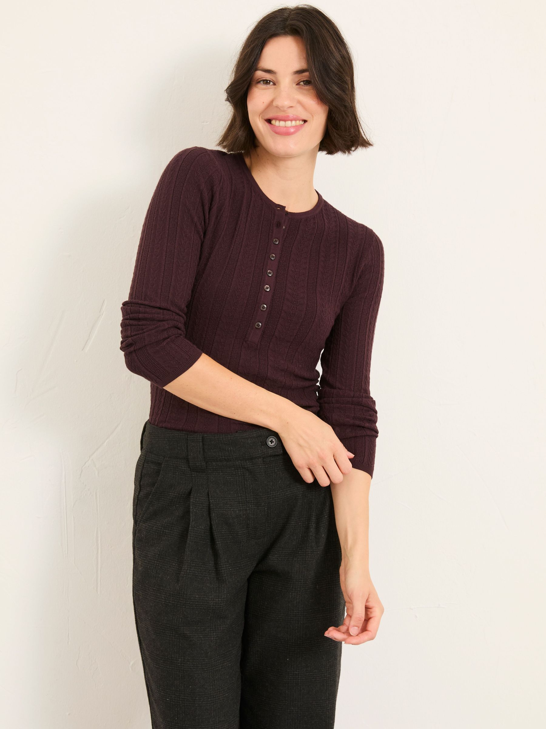 Mae Chocolate Brown Knitted Textured Henley Jumper (F00534) | £49.50