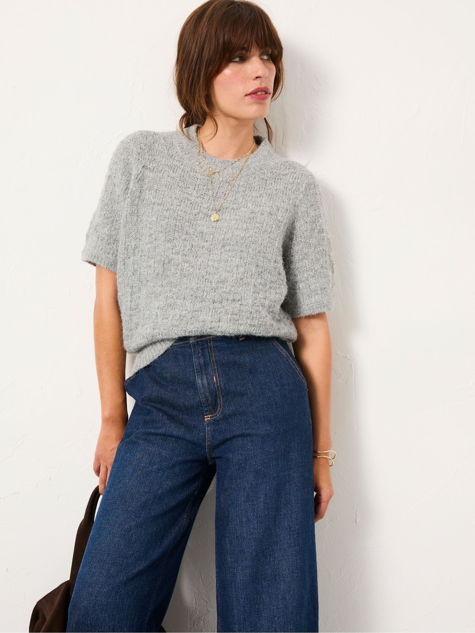 Keira Mid Grey Fluffy Short Sleeve Knitted T Shirt (F00571) | £48