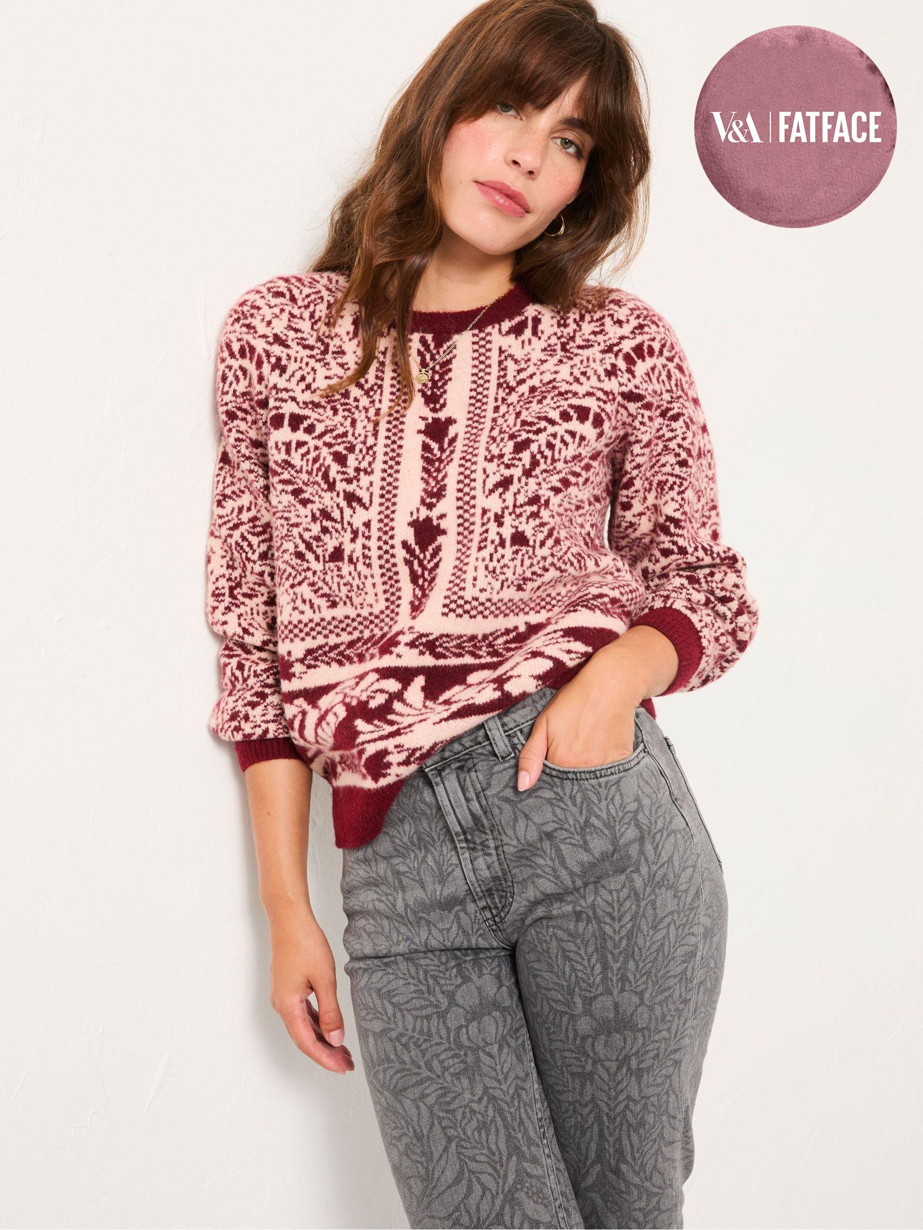 Burgundy Red Floral Bouquet Knitted Crew Neck Jumper (F00592) | £59