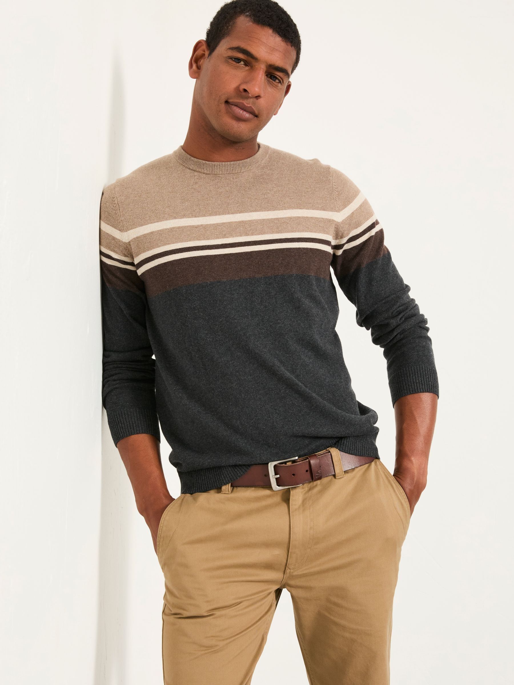 Rye Charcoal Grey Stripe Crew Neck Knitted Jumper (F02221) | £49.50