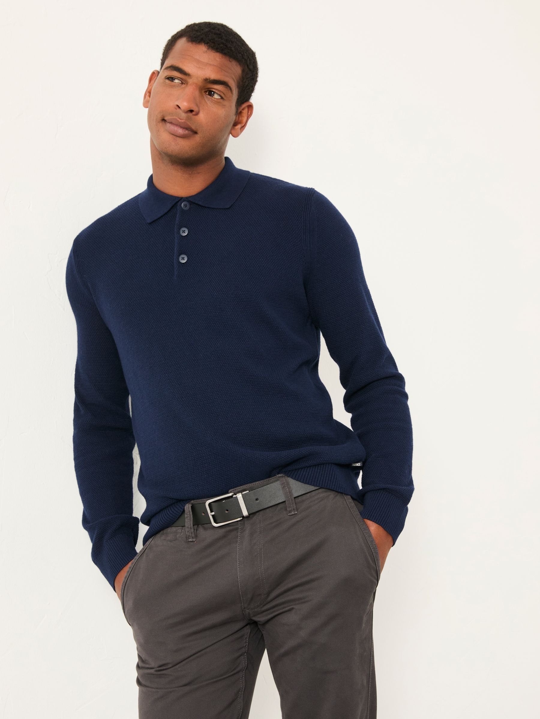 Row Navy Textured Knitted Button Polo (F02227) | £49.50