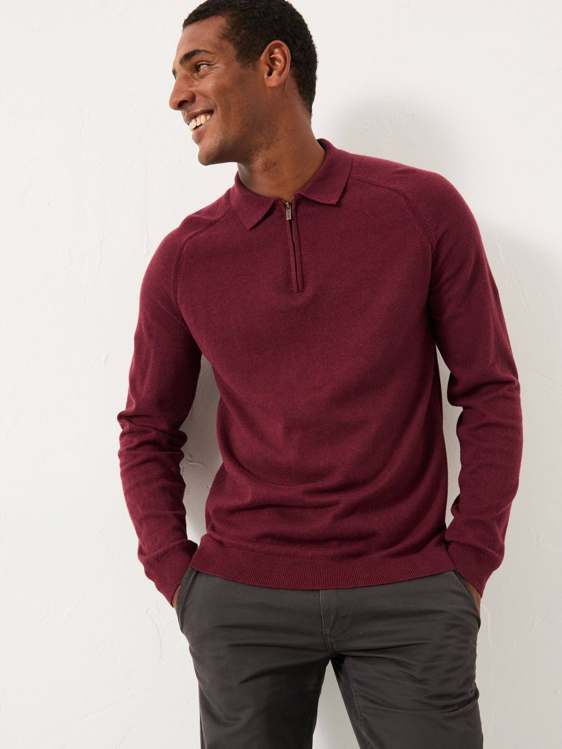 Rye Claret Zip Collar Knitted Polo Jumper (F02237) | £49.50
