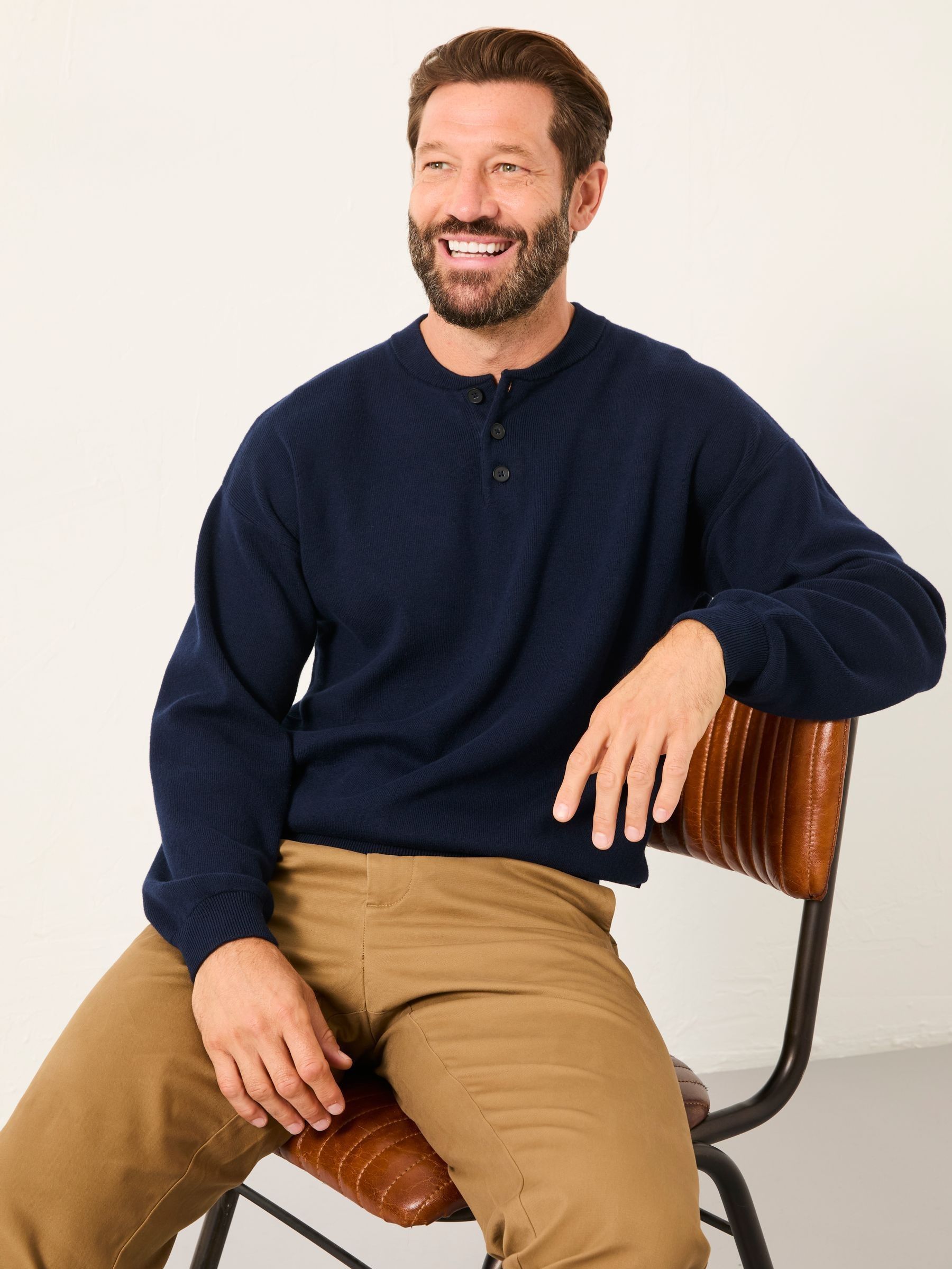 Helston Navy Knitted Henley (F02238) | £59