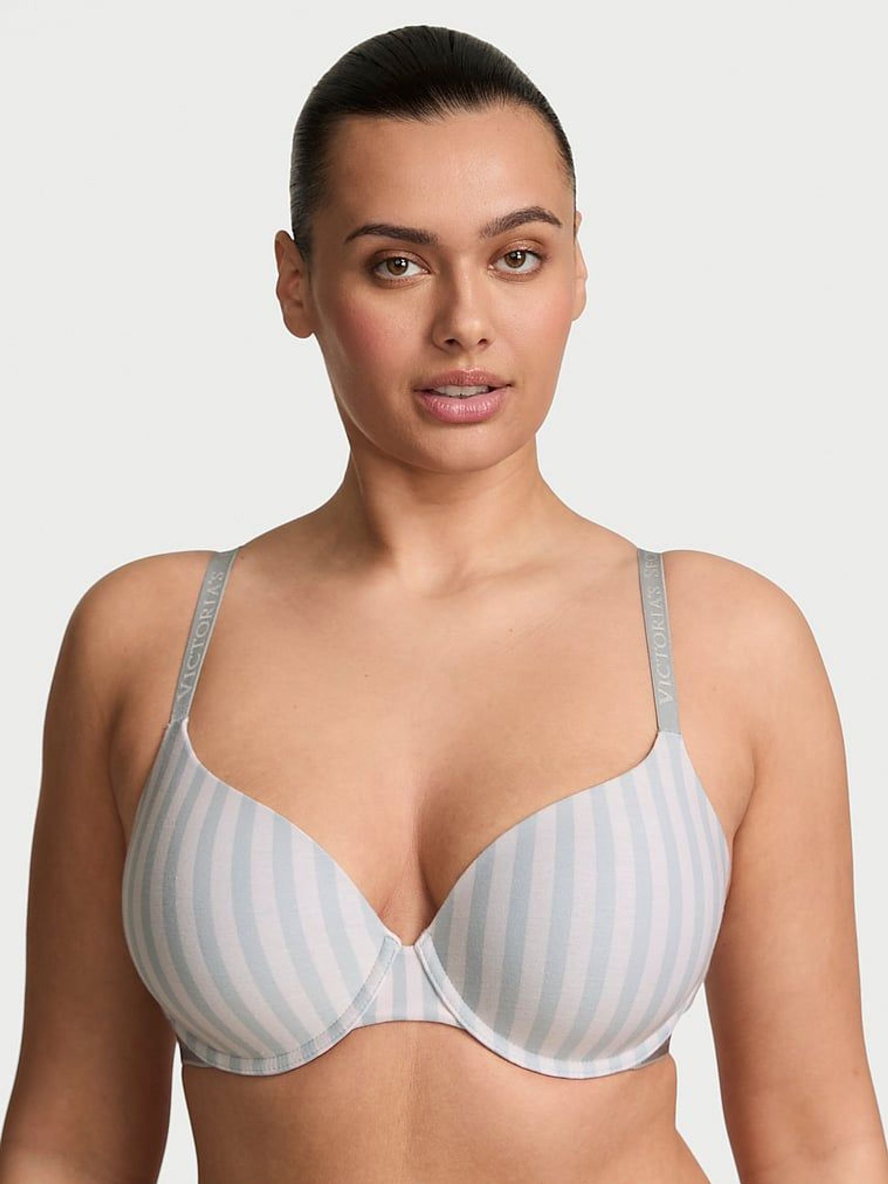 Grey Fog Stripe Lightly Lined Demi Cotton Logo Bra (F02771) | £35